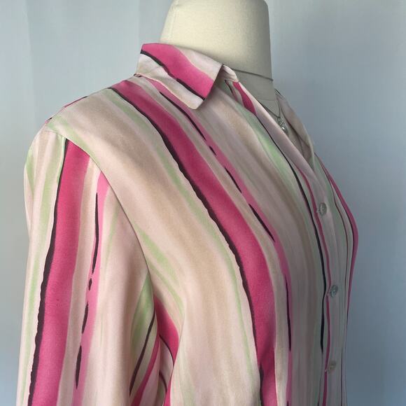 Dress Barn Blouse Plus Size 1X White Pink Green Stripe Button Long Sleeve Office - Picture 3 of 15